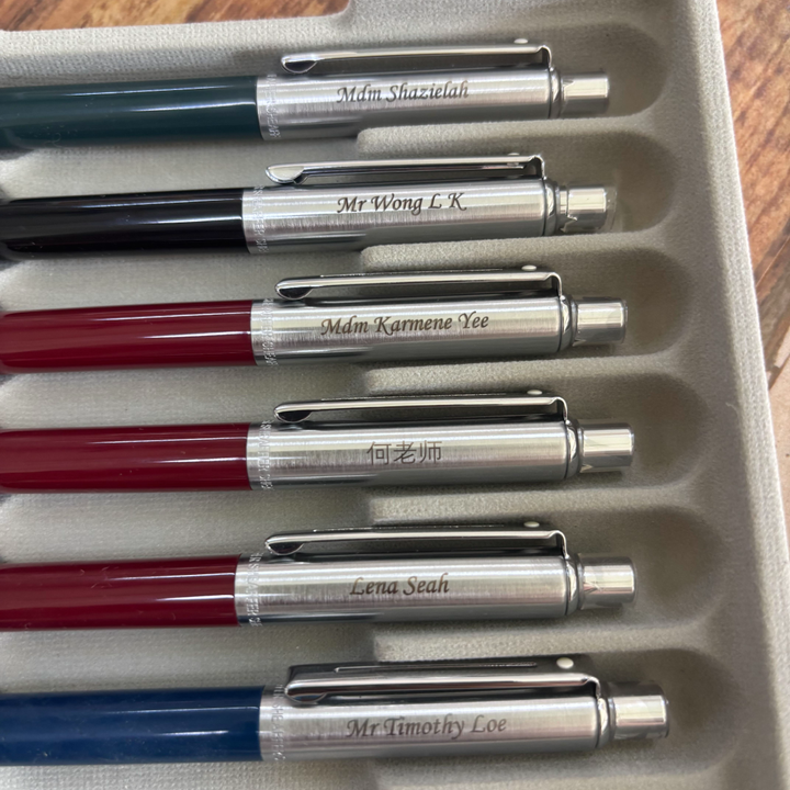 Custom Pen Engraving – Personalised Name Engraving on Sheaffer Sentinel Chrome Ballpoint Pen With Chrome Trims in Burgundy, Dark Green, Black and Blue at Cityluxe WorkRoom