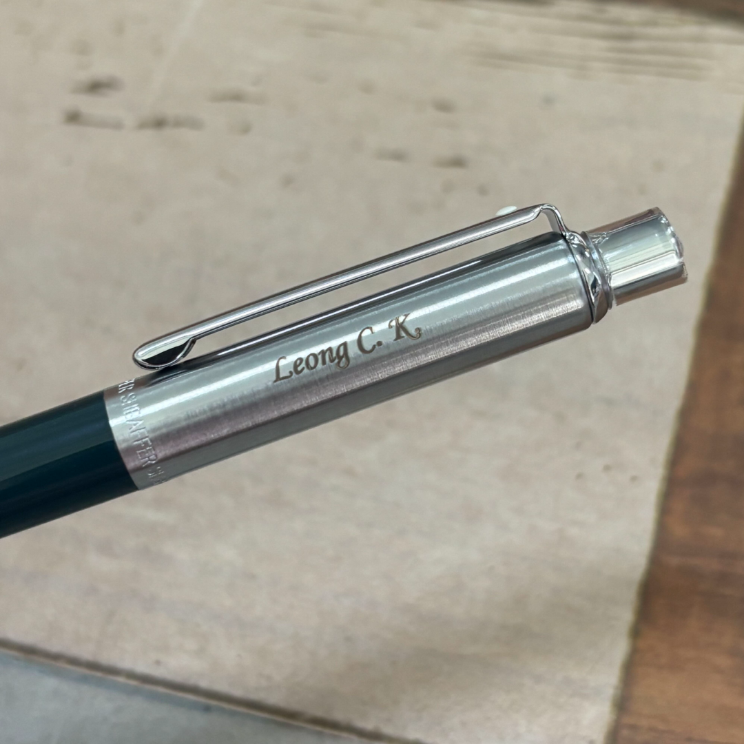 Custom Pen Engraving – Personalised Name Engraving on Sheaffer Sentinel Dark Green and Chrome Ballpoint Pen With Chrome Trims at Cityluxe WorkRoom