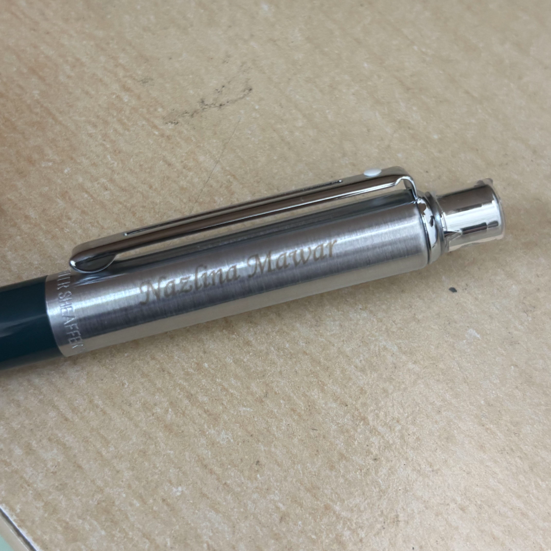 Custom Pen Engraving – Personalised Name Engraving on Sheaffer Sentinel Dark Green and Chrome Ballpoint Pen With Chrome Trims at Cityluxe WorkRoom
