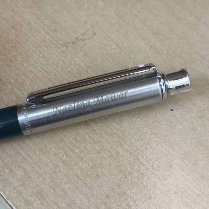 Custom Pen Engraving – Personalised Name Engraving on Sheaffer Sentinel Dark Green and Chrome Ballpoint Pen With Chrome Trims at Cityluxe WorkRoom