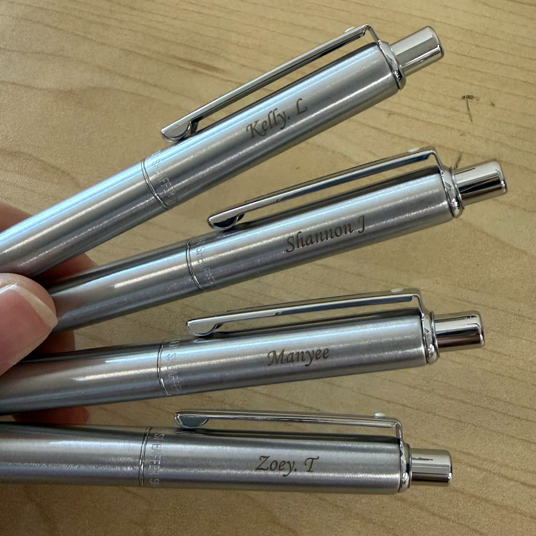 Custom Pen Engraving – Personalised Name Engraving on Sheaffer Sentinel Metal 330 Brushed Chrome Ballpoint Pen with Chrome Trims at Cityluxe WorkRoom