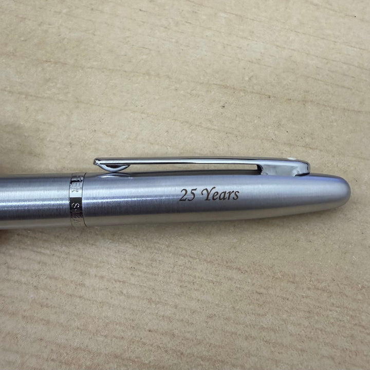 Custom Pen Engraving – Personalised Name Engraving on Sheaffer VFM 9426 Brushed Chrome Fountain Pen With Chrome Trim at Cityluxe WorkRoom
