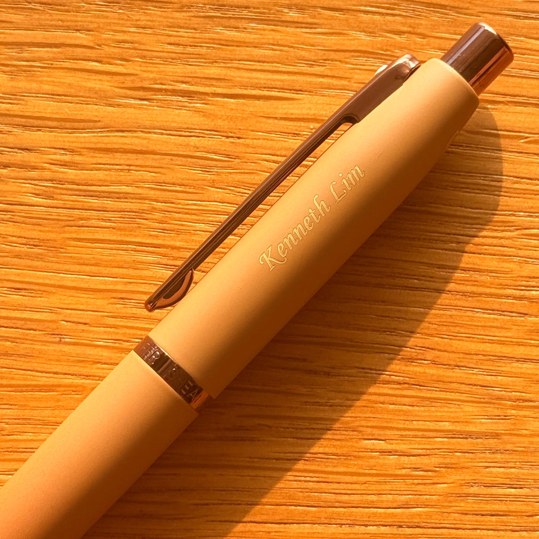Custom Pen Engraving – Personalised Name Engraving on Sheaffer VFM E9428 Coffee Edition Matt Brown With Regal Brown PVD Trims Ballpoint Pen at Cityluxe WorkRoom