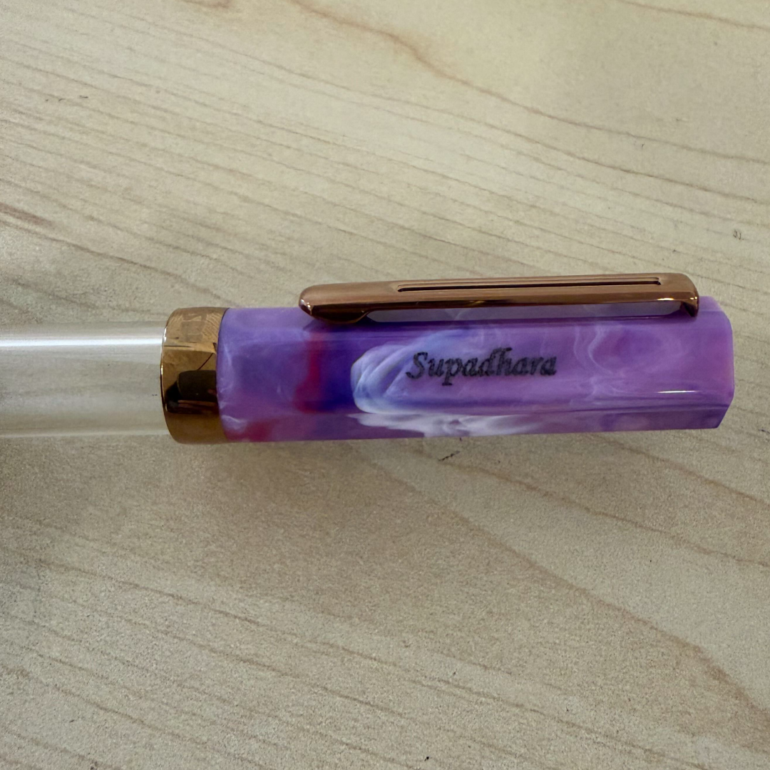Custom Pen Engraving – Personalised Name Engraving on TWSBI ECO Fluorite Purple with Bronze Fountain Pen at Cityluxe WorkRoom
