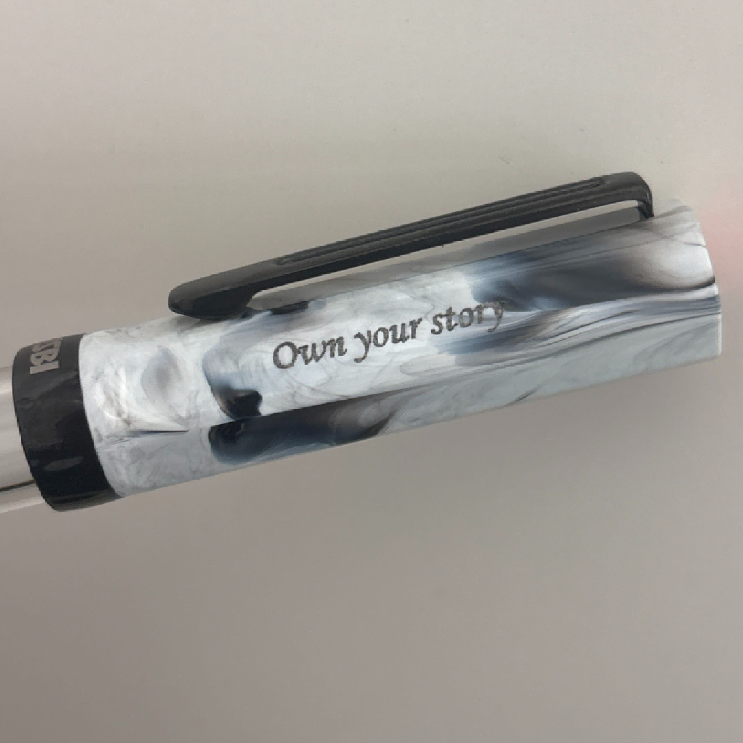Custom Pen Engraving – Personalised Name Engraving on TWSBI ECO Fountain Pen - Carrara w/ Onyx Trim at Cityluxe WorkRoom