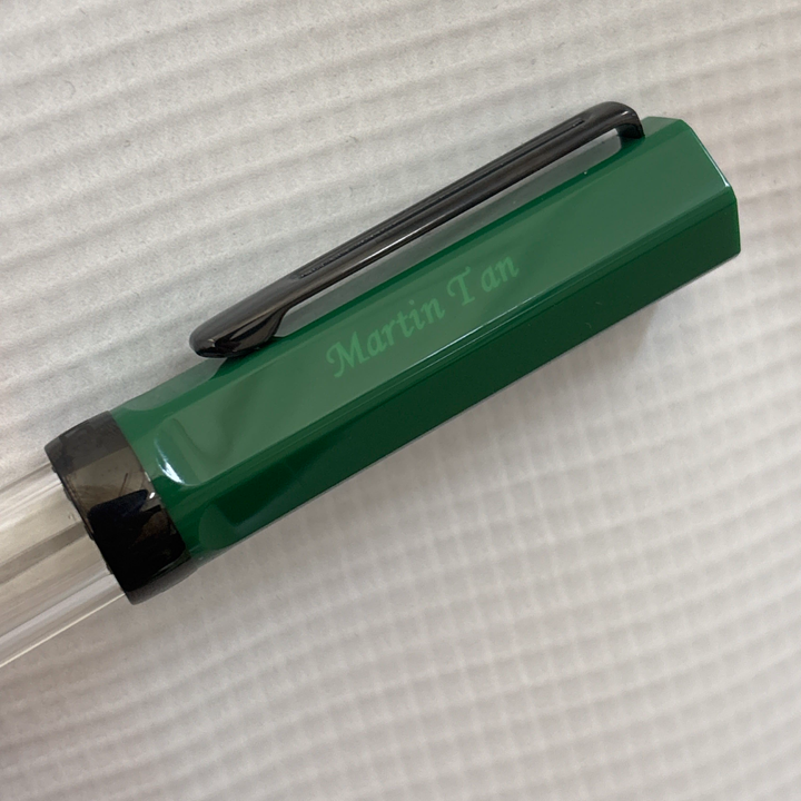 Custom Pen Engraving – Personalised Name Engraving on TWSBI ECO Fountain Pen - Irish Green with Onyx at Cityluxe WorkRoom