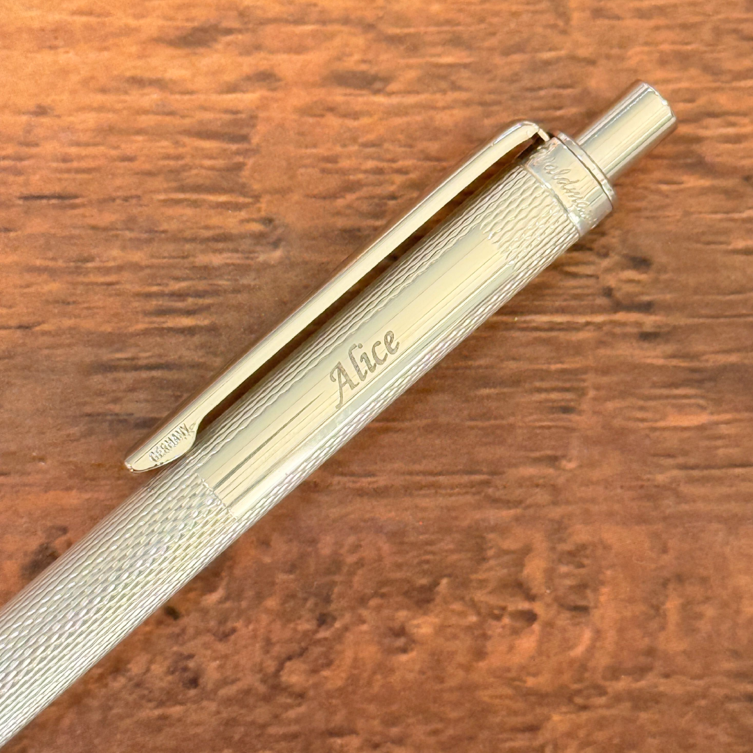 Custom Pen Engraving – Personalised Name Engraving on Waldmann Eco Grain Ballpoint Pen in Silver at Cityluxe WorkRoom