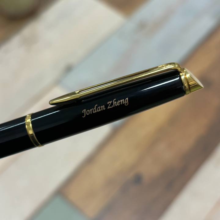 Custom Pen Engraving – Personalised Name Engraving on Waterman Hemisphere Lacquer 2 Plain Black GT Fountain Pen - Fine at Cityluxe WorkRoom