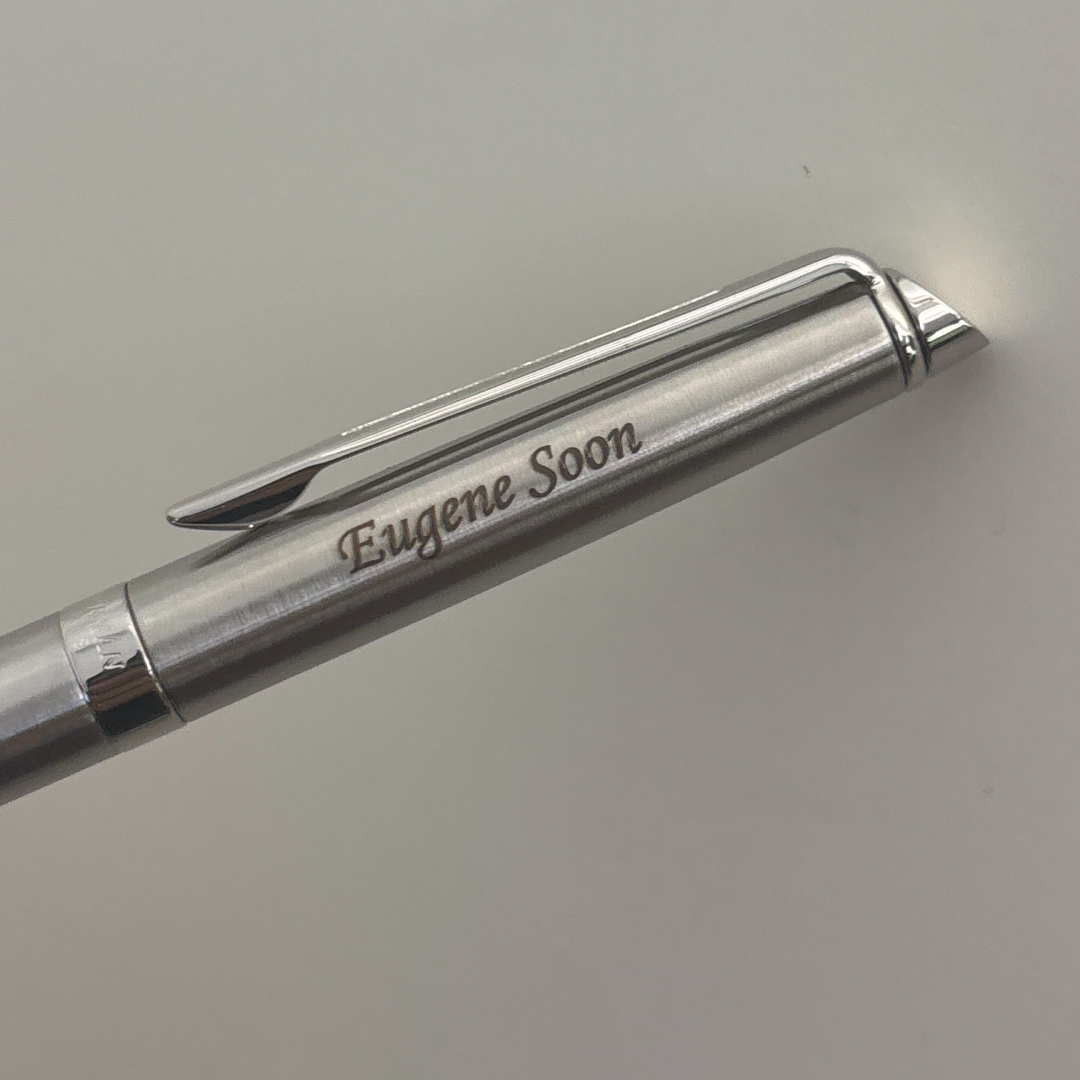 Custom Pen Engraving – Personalised Name Engraving on Waterman Hemisphere Stainless Steel CT Ballpoint Pen at Cityluxe WorkRoom