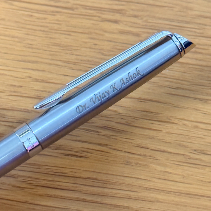 Custom Pen Engraving – Personalised Name Engraving on Waterman Hemisphere Stainless Steel CT Ballpoint Pen at Cityluxe WorkRoom