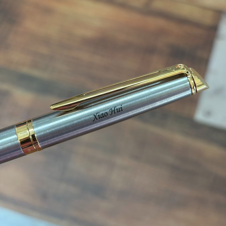 Custom Pen Engraving – Personalised Name Engraving on Waterman Hemisphere Stainless Steel GT Fountain Pen at Cityluxe WorkRoom