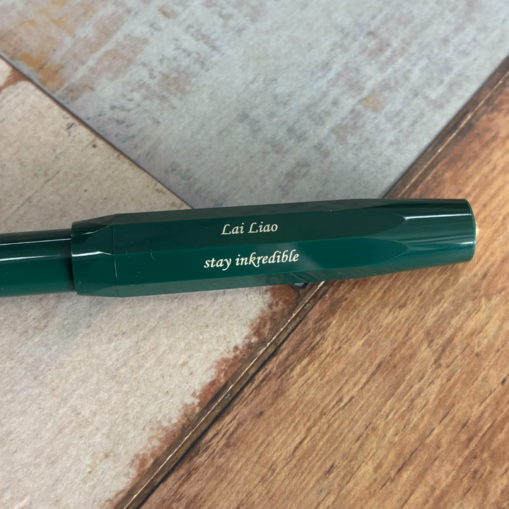 Custom Pen Engraving – Personalised Name Two Sides Engraving on Kaweco Classic Sport Fountain Pen in Green at Cityluxe WorkRoom