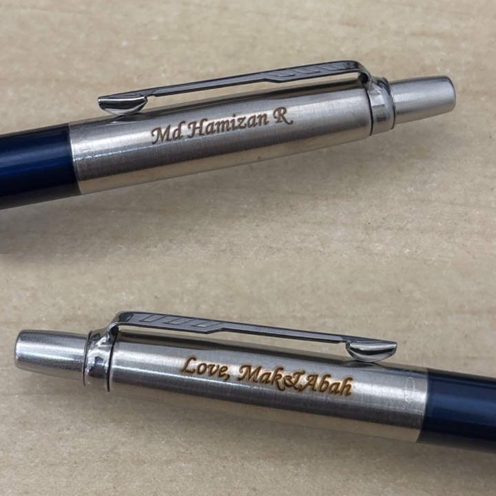 Custom Pen Engraving – Personalised Name Two Sides Engraving on Parker Jotter Royal Blue CT Ballpoint Pen at Cityluxe WorkRoom