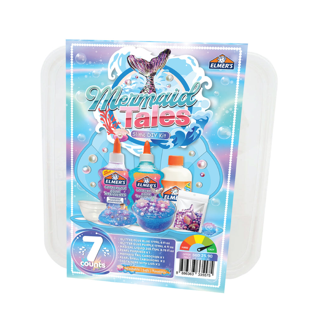Elmer’s Slime DIY Kit - Mermaid Tales featuring glitter glue, magical liquid, ocean-themed toppings, and mermaid cabochon in a colorful kid-friendly package.