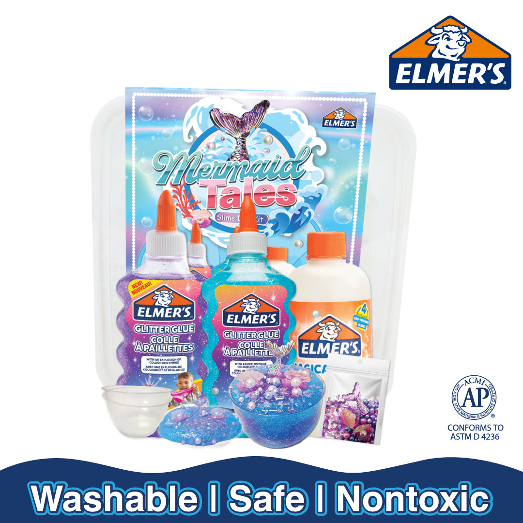 Elmer’s Slime DIY Kit - Mermaid Tales featuring glitter glue, magical liquid, ocean-themed toppings, and mermaid cabochon in a colorful kid-friendly package.