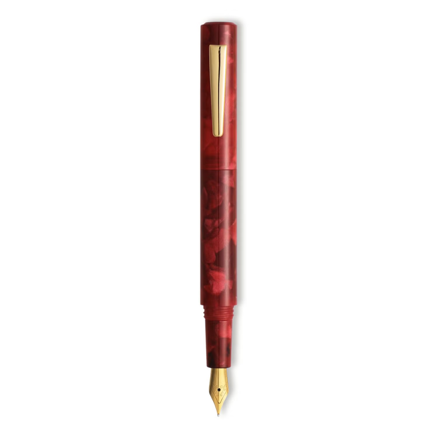 Hightide Attaché Marbled Fountain Pen - Dark Red — uncapped with cap posted