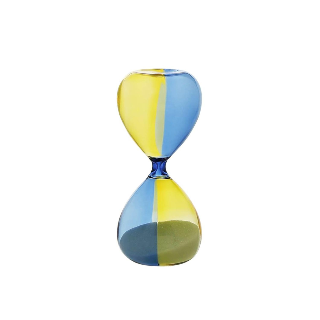 Bicolor Hightide hourglass in yellow and light blue glass with white sand, small 5-minute timer.