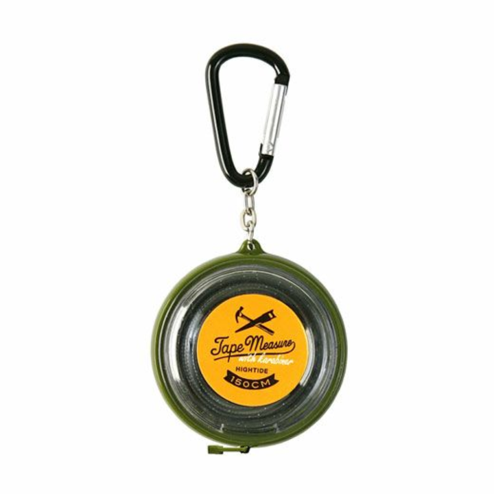 Khaki Hightide tape measure with 150cm double-sided markings, one-push rewind button, and built-in carabiner keychain.
