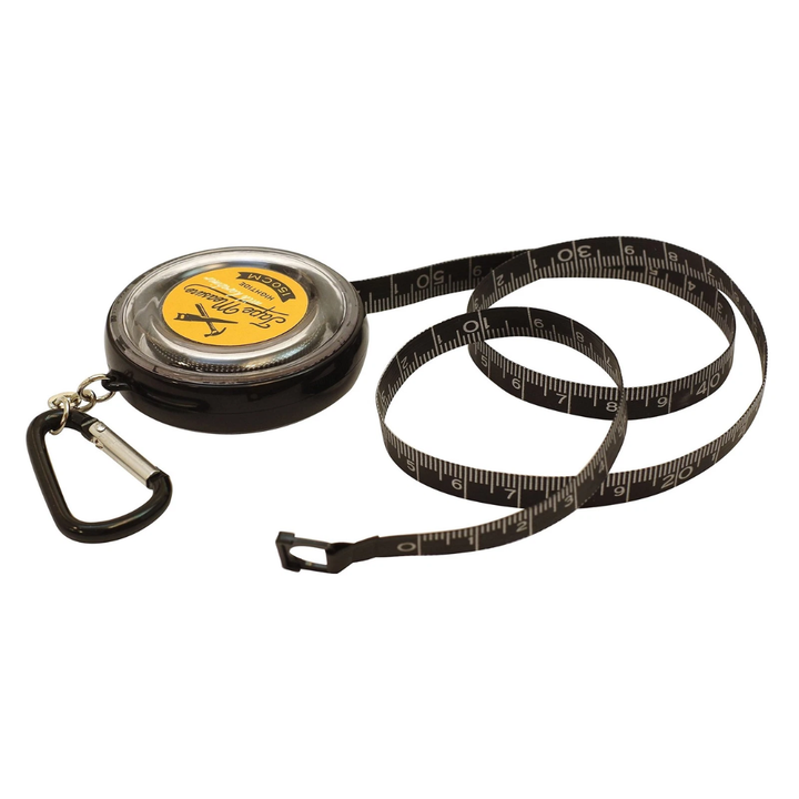 Khaki Hightide tape measure with 150cm double-sided markings, one-push rewind button, and built-in carabiner keychain.