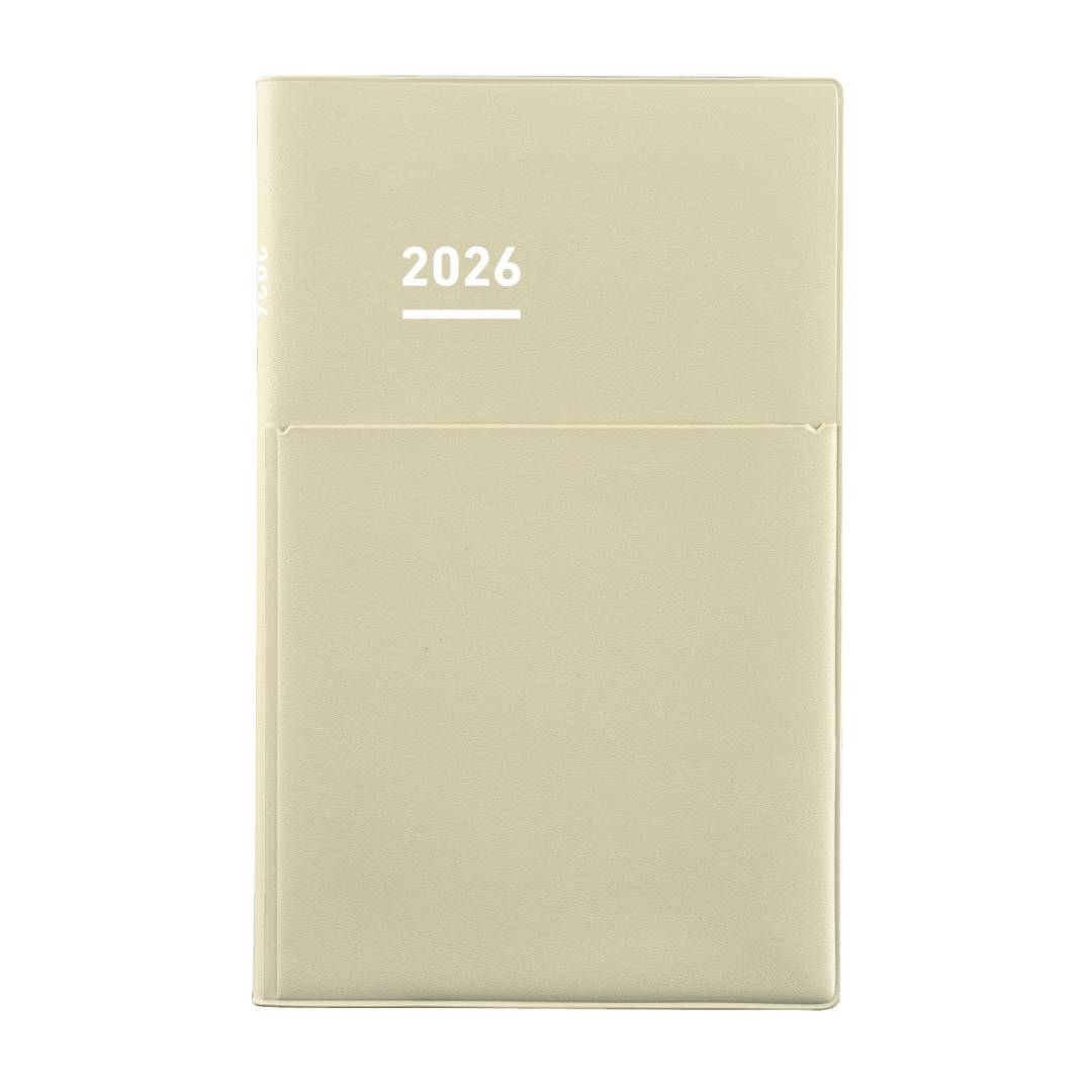 A minimalist A5 slim planner in a soft matte light beige PVC cover with an integrated pen holder. The understated design houses neatly organized pages on premium MIO PAPER, including weekly vertical schedules, monthly blocks, project charts, and reflection lists, offering both elegance and functionality for daily planning.