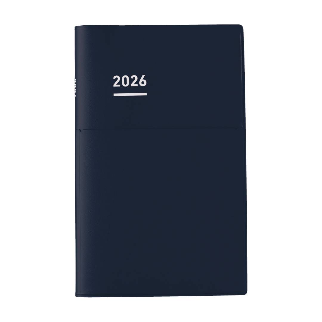 A professional A5 slim planner with a matte navy PVC cover and integrated pen holder. The refined monochrome design opens to neatly structured layouts—weekly vertical schedules, monthly blocks, project planning pages, and personal lists—all printed on smooth MIO PAPER for a premium, smudge-resistant writing experience.