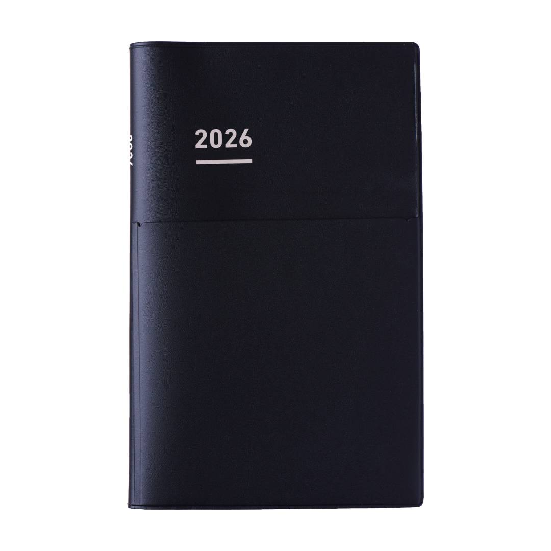 A compact B6 Mini Slim planner in matte black with an integrated pen holder. Inside, clean layouts on premium MIO PAPER include vertical weekly pages, monthly blocks, and reflection lists, designed for professional planning in a portable size.
