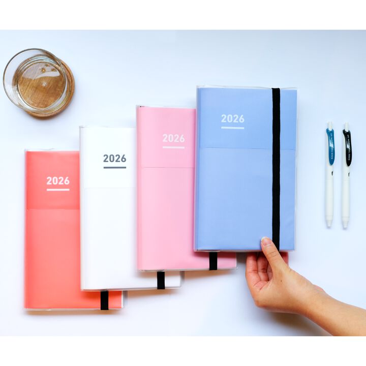 A Kokuyo Jibun Techo First Kit 2025 B6 Mini Slim, featuring a sleek matte PVC cover with a built-in pen holder. Includes DIARY, LIFE, and IDEA booklets for complete planning and self-discovery.