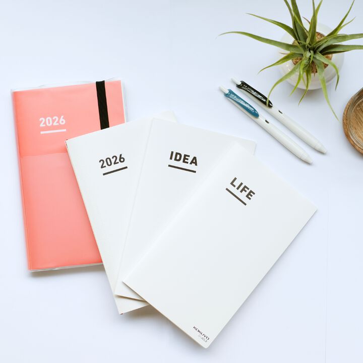 A Kokuyo Jibun Techo First Kit 2025 B6 Mini Slim, featuring a sleek matte PVC cover with a built-in pen holder. Includes DIARY, LIFE, and IDEA booklets for complete planning and self-discovery.