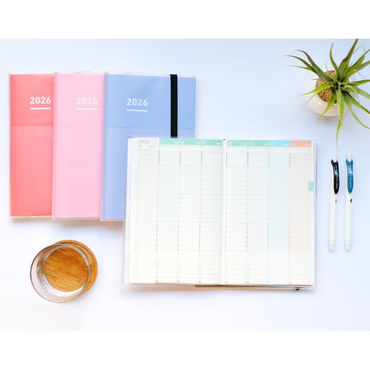 A Kokuyo Jibun Techo First Kit 2025 B6 Mini Slim, featuring a sleek matte PVC cover with a built-in pen holder. Includes DIARY, LIFE, and IDEA booklets for complete planning and self-discovery.