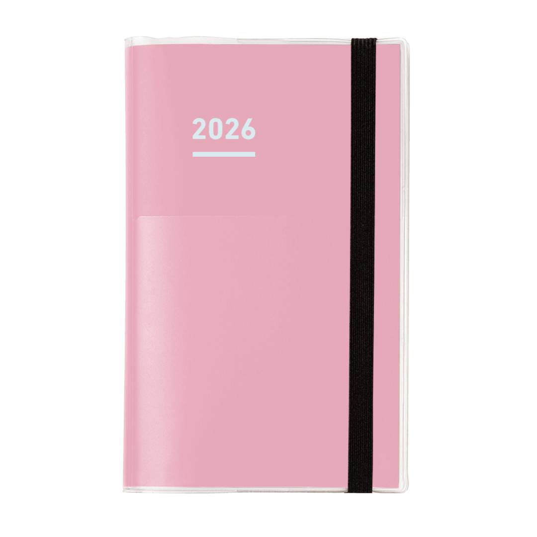 A Kokuyo Jibun Techo First Kit 2025 B6 Mini Slim in vibrant pink, featuring a stylish matte cover with pen holder. Set includes DIARY for schedules, LIFE for long-term goals, and IDEA for free-form writing.