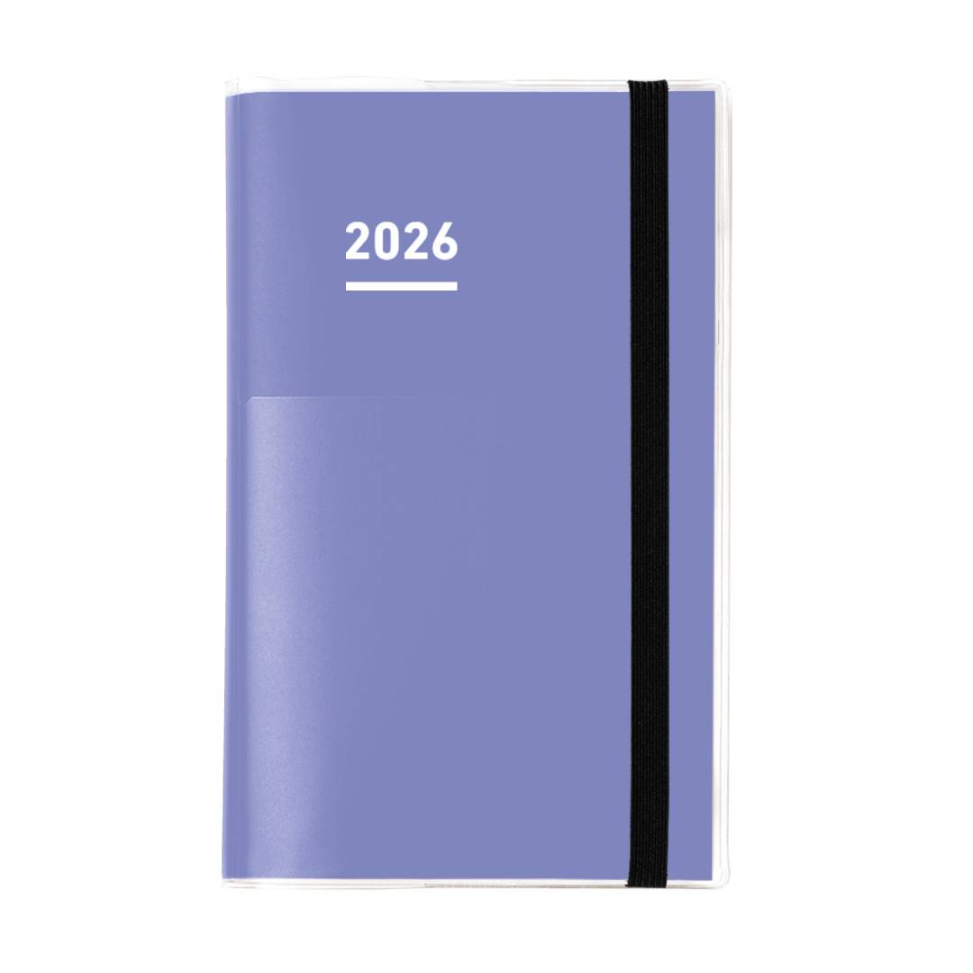A Kokuyo Jibun Techo First Kit 2025 B6 Mini Slim in soft purple, with an elegant matte PVC cover and pen holder. Comes with DIARY, LIFE, and IDEA notebooks designed for organization, memories, and creativity.