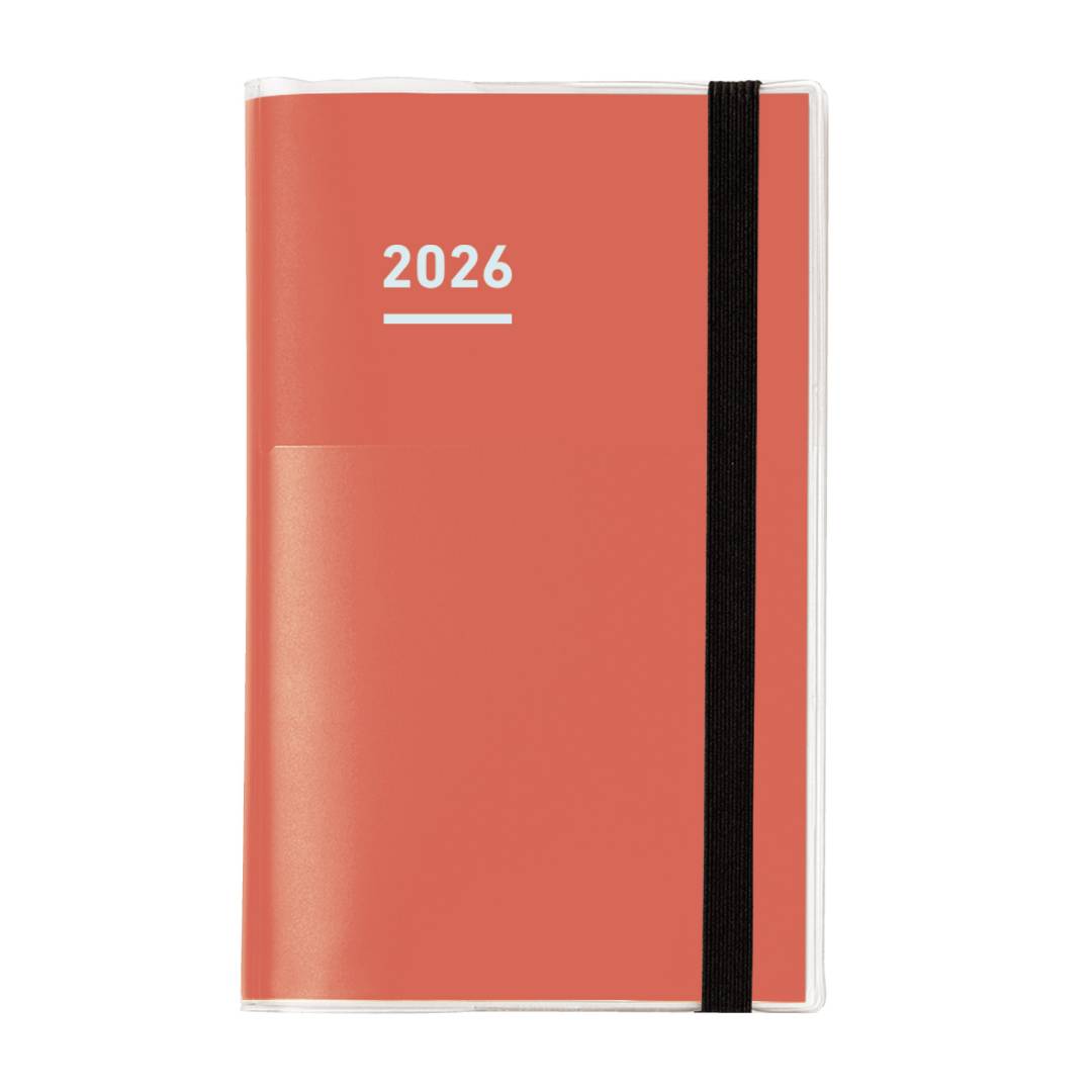 A Kokuyo Jibun Techo First Kit 2025 B6 Mini Slim in bold red, with a smooth matte cover and pen holder. Complete with DIARY, LIFE, and IDEA booklets to balance planning, reflection, and creativity.