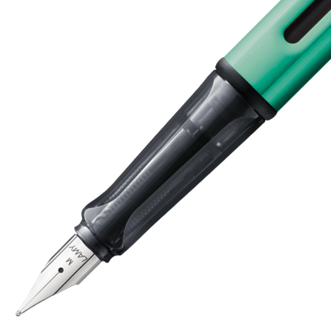 Lamy AL-Star fountain pen in Bluegreen, close-up of the steel nib and grip section