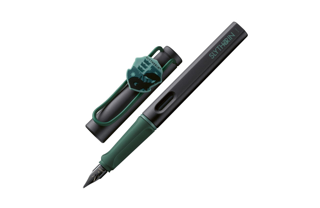 LAMY Safari Slytherin Fountain Pen – Medium featuring dark green body, silver clip, and Slytherin emblem from the Harry Potter series.