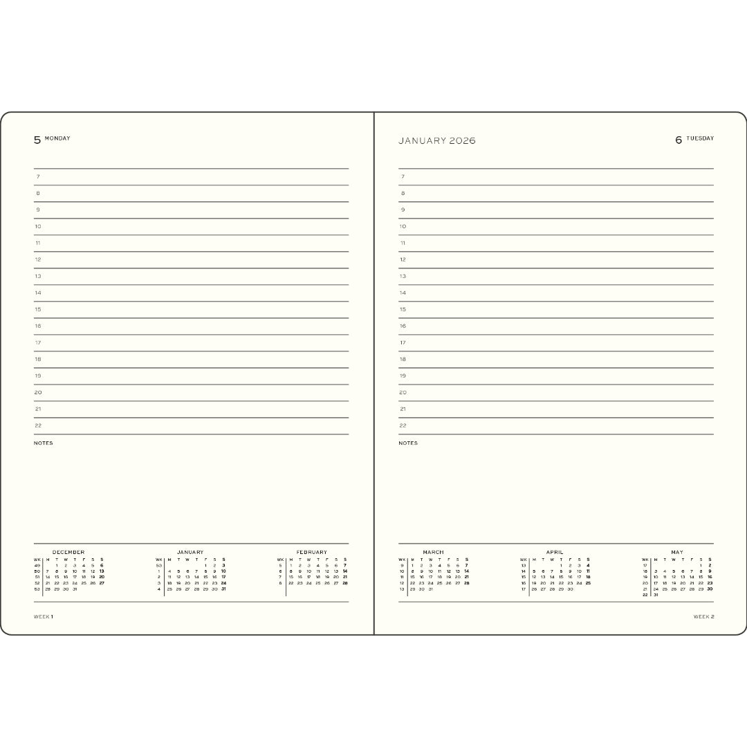Leuchtturm1917 A5 Daily Planner 2027 (ruled) – inside two-page spread with calendar and notes