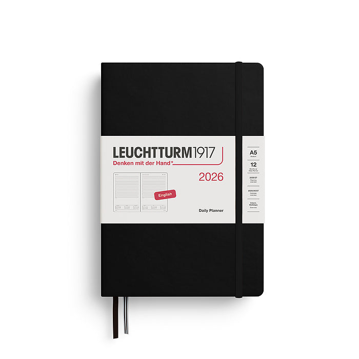 Leuchtturm1917 A5 Medium Daily Planner 2026 in black, featuring a sleek hardcover design with a full-page-per-day layout and elastic closure for everyday planning.
