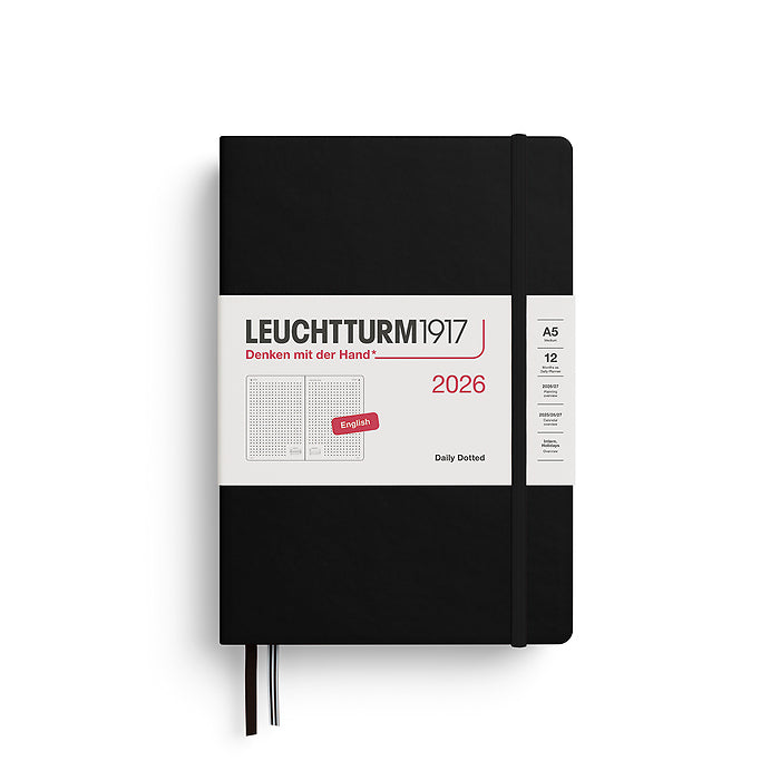 Leuchtturm1917 A5 Medium Daily Planner 2026 in black, featuring a dotted layout with a full page per day and a sleek hardcover with elastic closure.