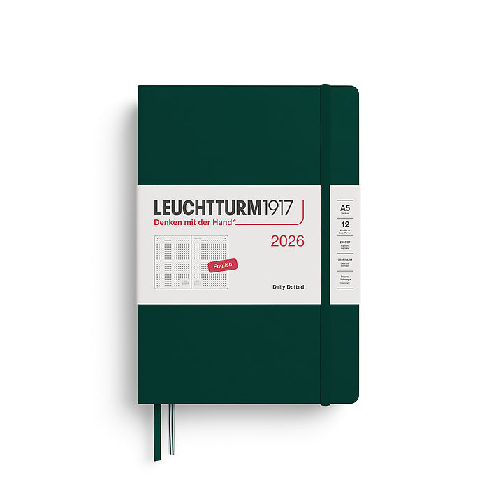Leuchtturm1917 A5 Medium Daily Planner 2026 in forest green, featuring a dotted layout with a full page per day and a sleek hardcover with elastic closure.