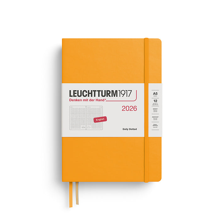 Leuchtturm1917 A5 Medium Daily Planner 2026 in rising sun, featuring a dotted layout with a full page per day and a sleek hardcover with elastic closure.