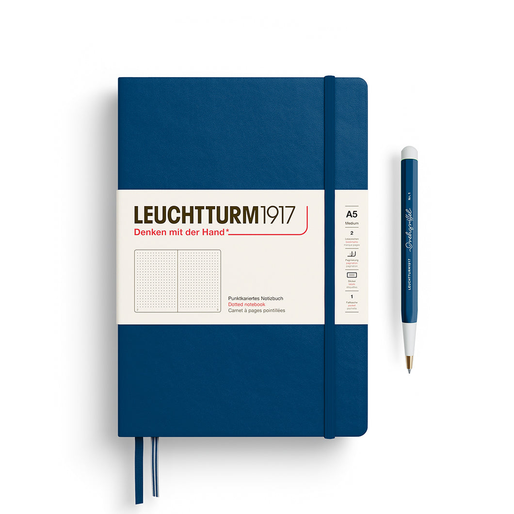 Leuchtturm1917 A5 Medium Hardcover Notebook in Indigo with dotted pages for journaling and planning.