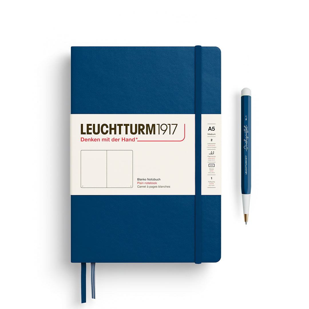 Leuchtturm1917 A5 Medium Hardcover Notebook in Indigo with plain pages for writing and creativity.