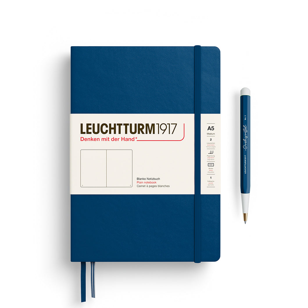 Leuchtturm1917 A5 Medium Hardcover Notebook in Indigo with plain pages for writing and creativity.