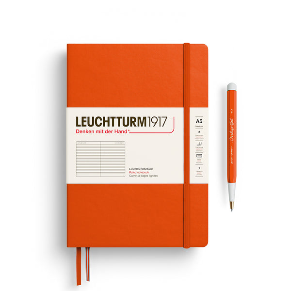 画像をギャラリービューアに読み込む, Leuchtturm1917 A5 Medium Hardcover Notebook in Pumpkin with ruled pages for structured writing.
