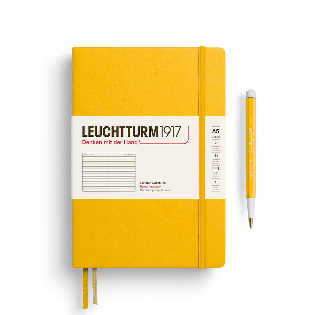Leuchtturm1917 A5 Medium Hardcover Notebook in Sunflower with ruled pages for organized note-taking.
