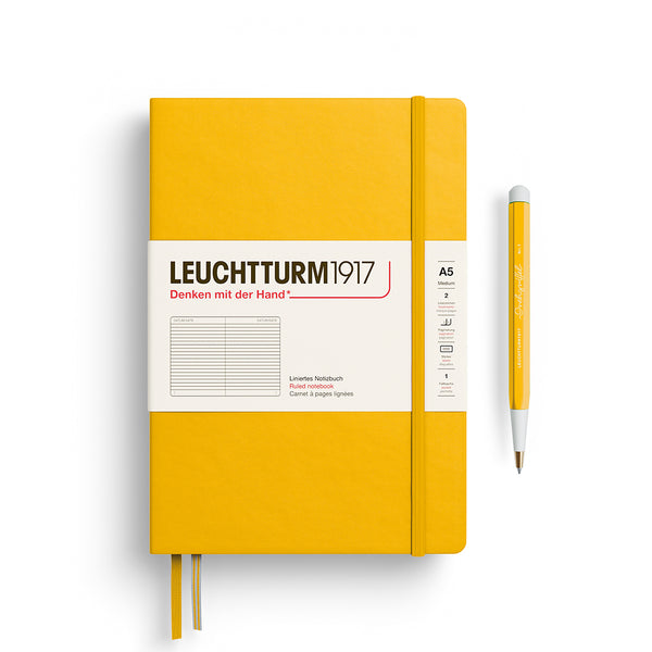 将图片加载到图库查看器，Leuchtturm1917 A5 Medium Hardcover Notebook in Sunflower with ruled pages for organized note-taking.
