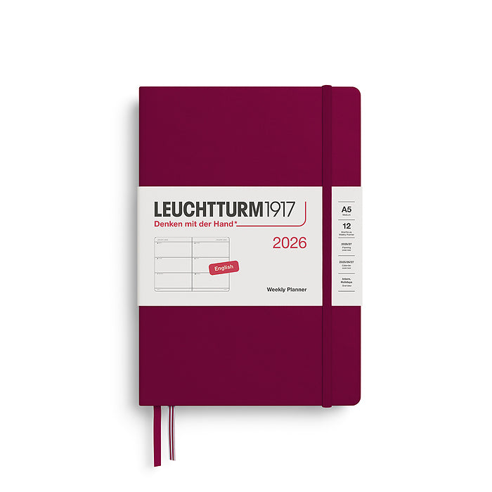 Leuchtturm1917 A5 Medium Hardcover Weekly Planner 2026 in port red, featuring a minimalist weekly layout and elastic closure band, ideal for everyday organization.