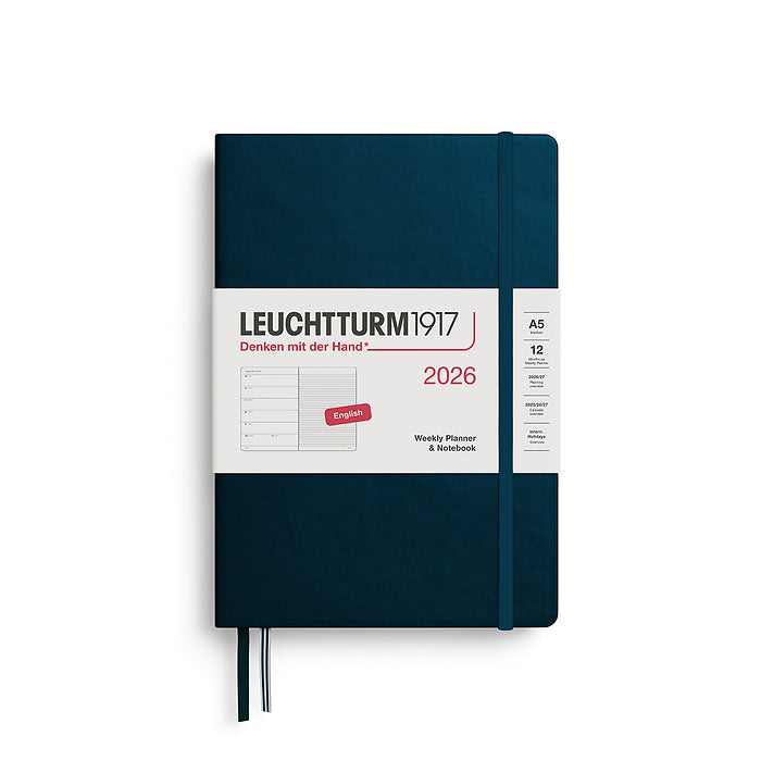 Leuchtturm1917 A5 Medium Hardcover Weekly Planner & Notebook 2026 in deep sea, featuring a sleek, minimalist design with an elastic closure band.