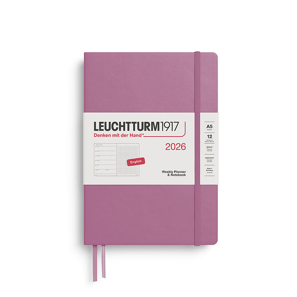 Leuchtturm1917 A5 Medium Hardcover Weekly Planner & Notebook 2026 in dusty rose, featuring a minimalist cover design with an elastic closure band. Includes dotted note pages for flexible planning.