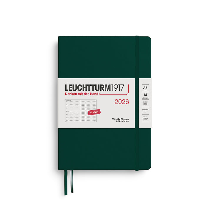 Leuchtturm1917 A5 Medium Hardcover Weekly Planner & Notebook 2026 in forest green, featuring a minimalist cover design with an elastic closure band. Includes dotted note pages for flexible planning.