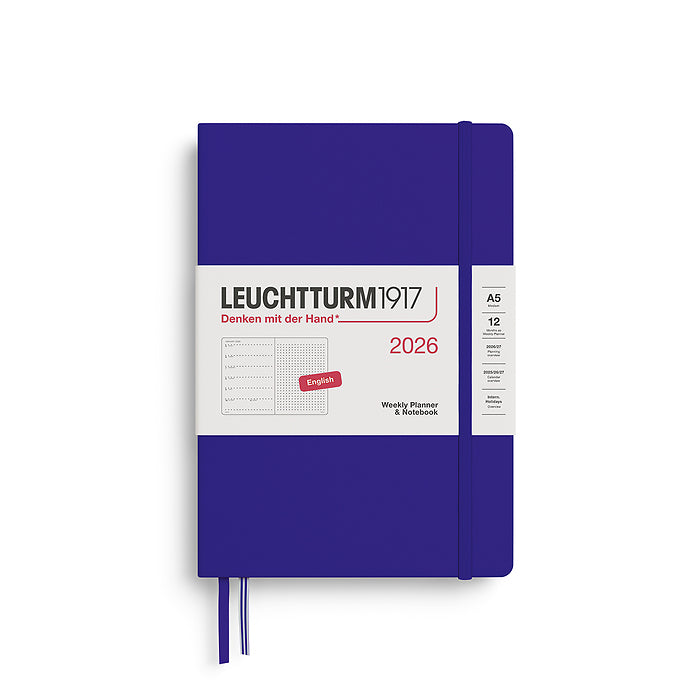 Leuchtturm1917 A5 Medium Hardcover Weekly Planner & Notebook 2026 in ink, featuring a minimalist cover design with an elastic closure band. Includes dotted note pages for flexible planning.